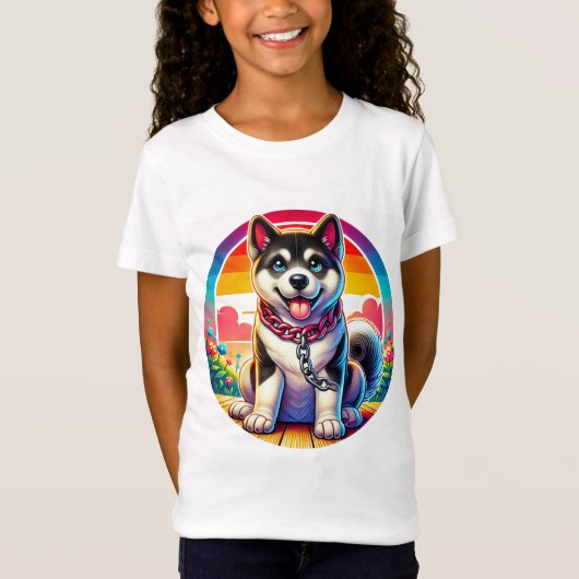 かわいい首輪をつけたアニメ調の子犬 Tシャツ (正面)