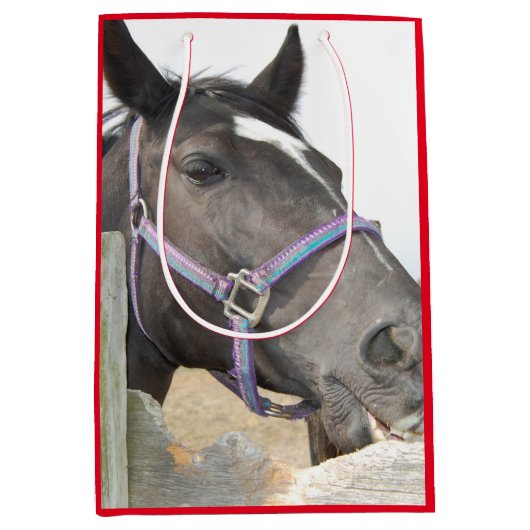 かわいい馬がフェンスの上で噛む ミディアムペーパーバッグ (正面)