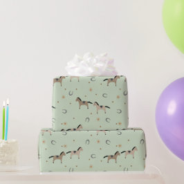 かわいい馬とうまの蹄鉄 こどもの誕生日 Sage Green ラッピングペーパー