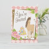 かわいい馬とピンクの花とカップケーキの誕生日 招待状 (スタンド正面)