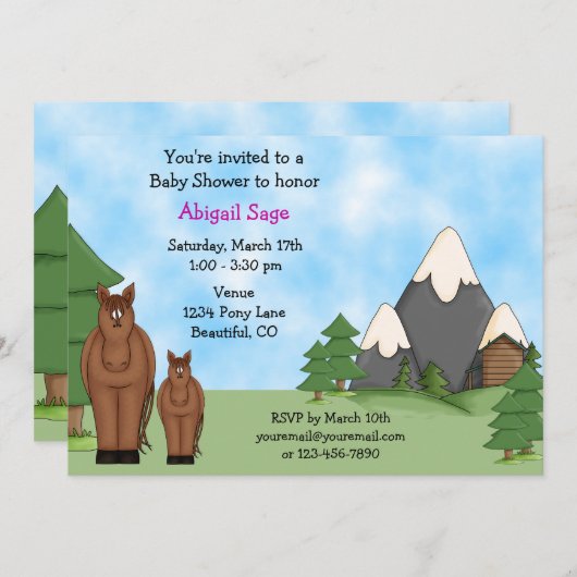 かわいい馬と山の女の子の赤ちゃんシャワー 招待状 (正面/裏面)