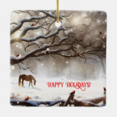 かわいい馬と牧草地クリスマス深紅色 セラミックオーナメント (裏面)