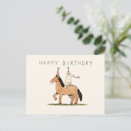 かわいい馬と犬の誕生日カード ポストカード (スタンド正面)