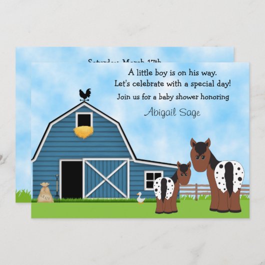 かわいい馬と納屋ボーイズ赤ちゃんシャワー招待状 招待状 (正面/裏面)