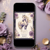 かわいい馬と花の紫と金の誕生日 招待状