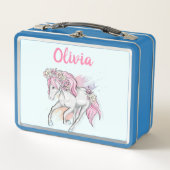 かわいい馬と花新学期女の子 メタルランチボックス (正面)