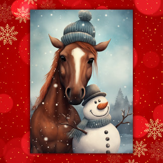 かわいい馬と雪だるまのクリスマス シーズンカード