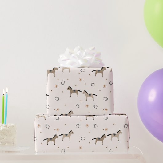 かわいい馬と馬蹄の子供の誕生日ライトベージュ ラッピングペーパー (パーティーギフト)