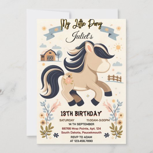 かわいい馬の子供たちを見つける私の小さなポニー1歳の誕生日 招待状 (正面)