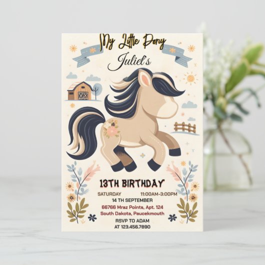 かわいい馬の子供たちを見つける私の小さなポニー1歳の誕生日 招待状 (スタンド正面)