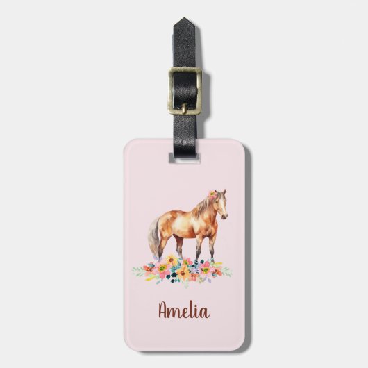 かわいい馬の水色フローラピンク名荷物タグ ラゲッジタグ (正面縦)