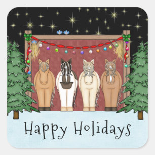 かわいい馬の群れ ハッピー ホリデー 馬 クリスマス スクエアシール