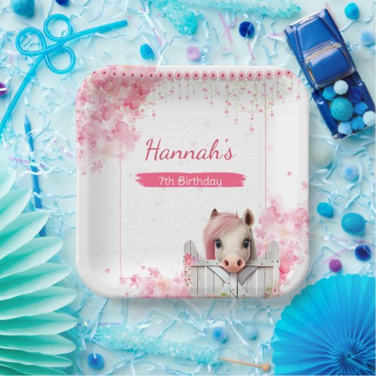 かわいい馬の誕生日パーティーピンクパーソナライズされたフローラ ペーパープレート (パーティー)