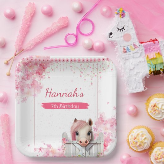 かわいい馬の誕生日パーティーピンクパーソナライズされたフローラ ペーパープレート (パーティー)