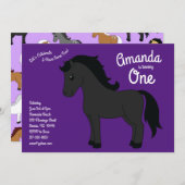 かわいい馬キッズ1st誕生日パーティーパープルブラック 招待状 (正面/裏面)