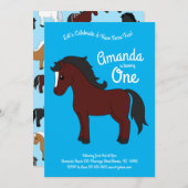 かわいい馬キッズ1st誕生日パーティーブルー 招待状 (正面/裏面)