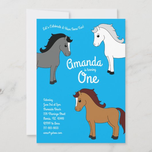 かわいい馬キッズ1st誕生日パーティーブルー 招待状 (正面)