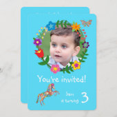 かわいい馬バタフライフラワーボーイズ誕生日パーティー 招待状 (正面/裏面)