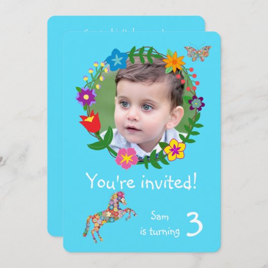 かわいい馬バタフライフラワーボーイズ誕生日パーティー 招待状 (正面/裏面)