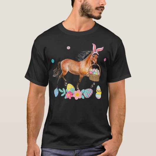 かわいい馬バニー耳イースターエッグバスケット馬 Tシャツ (正面)