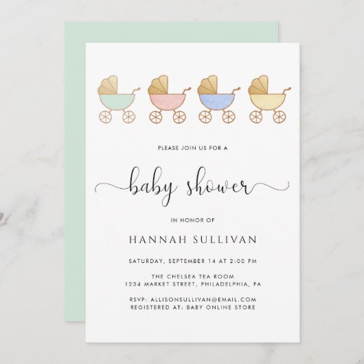 かわいい馬車の赤ちゃんシャワー 招待状 (正面/裏面)