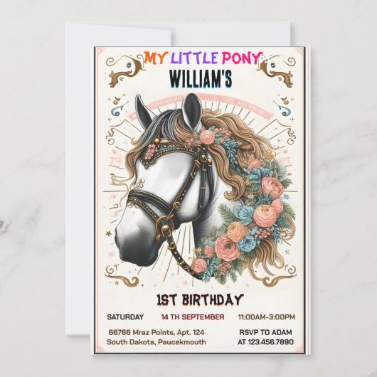 かわいい馬1人私の小さなポニー最初の1歳の誕生日 招待状 (正面)