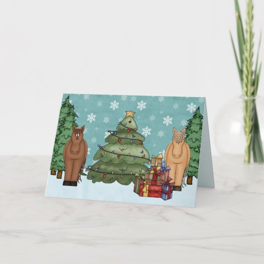 かわいい馬、クリスマスツリーとギフトホリデー シーズンカード (正面)