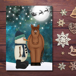 かわいい馬、雪だるま、サンタとトナカイのクリスマス シーズンカード