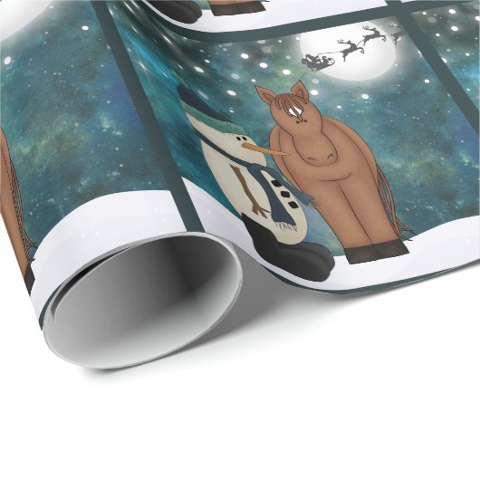 かわいい馬、雪だるま、サンタとトナカイのクリスマス ラッピングペーパー (ロールコーナー)