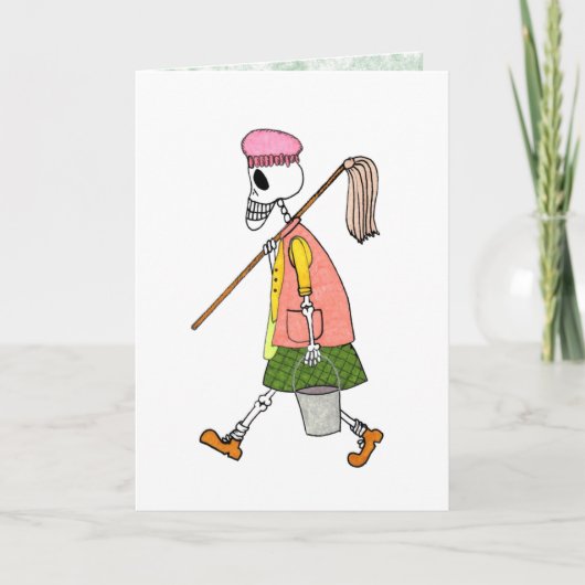 かわいい骸骨の清掃員女性 モップとバケツ カード (正面)