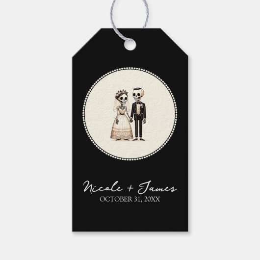 かわいい骸骨の花嫁と花婿のユーモラスなウェディング ギフトタグ (正面)