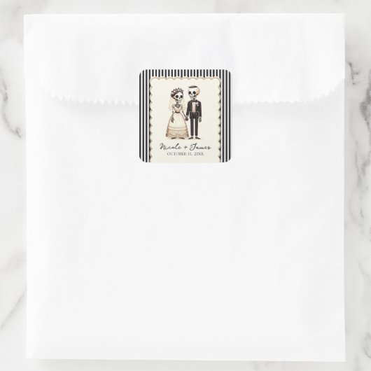 かわいい骸骨の花嫁と花婿の結婚式 スクエアシール (バッグ)