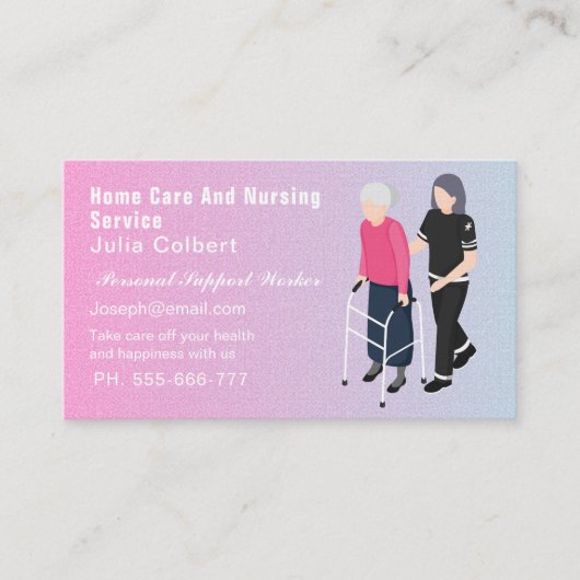 かわいい高齢者コンパニオンまたは高齢者の介護者ピンク 名刺 (正面)