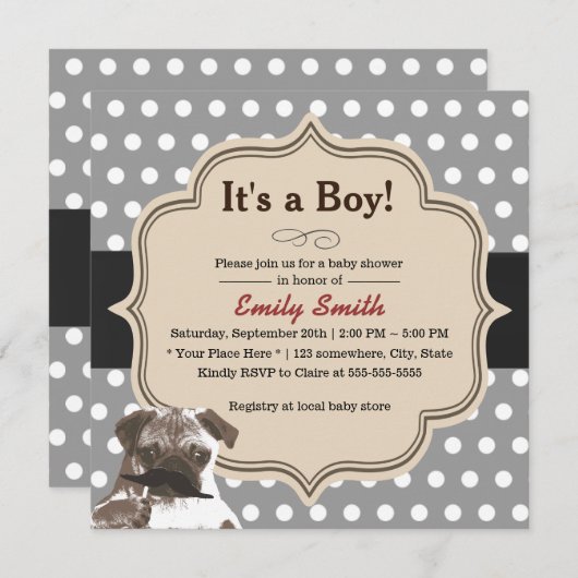かわいい髭のパグの水玉模様のベビーシャワー 招待状 (正面/裏面)