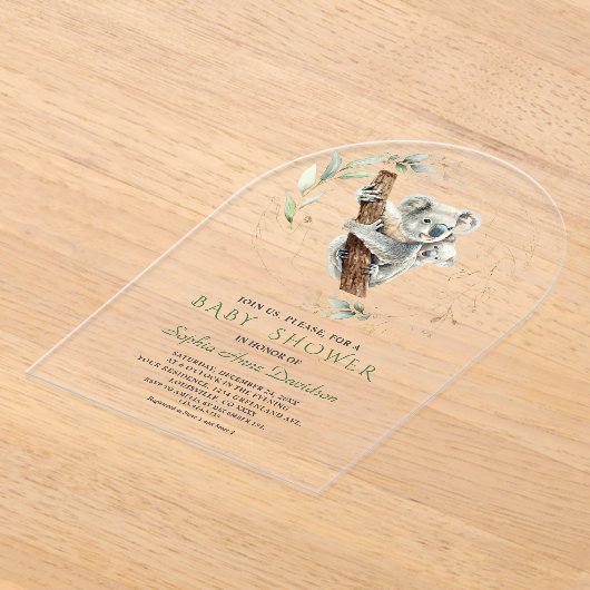 かわいい魅力的コアラ緑の金ゴールドベビーシャワー アクリル招待状 (レイダウン)