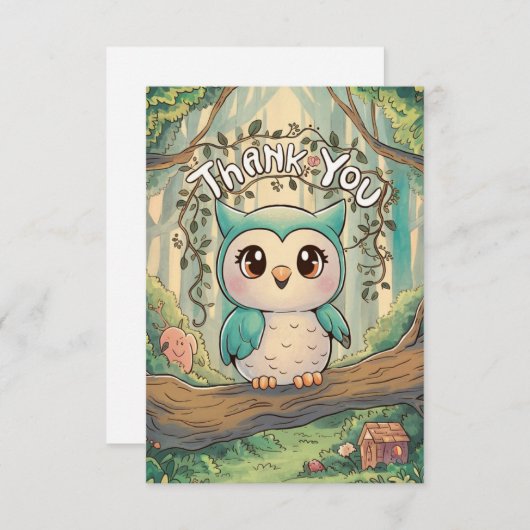 かわいい魅力的フクロウ サンキューカード (正面/裏面)