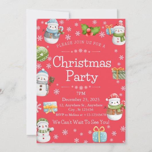 かわいい魅力的冬雪だるまクリスマスパーティー 招待状 (正面)