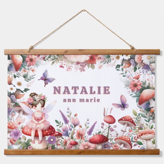 かわいい魅惑の妖精の庭のパーソナライズされた名前 吊り下げ型タペストリー (正面)