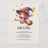 かわいい魔女がほうきで飛ぶ、ハロウィーン ポストカード (正面)
