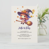かわいい魔女がほうきで飛ぶ、ハロウィーン 招待状 (スタンド正面)