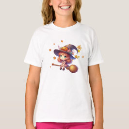 かわいい魔女がほうきで飛ぶ、ハロウィーン Tシャツ