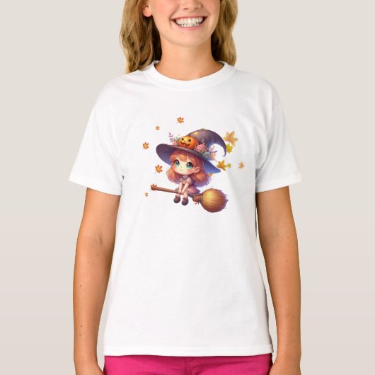かわいい魔女がほうきで飛ぶ、ハロウィーン Tシャツ (正面)
