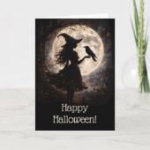 かわいい魔女とクロウタスのシルエットのハロウィン カード (正面)
