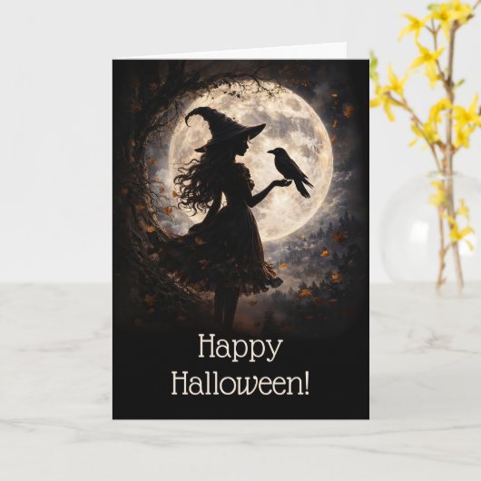 かわいい魔女とクロウタスのシルエットのハロウィン カード (黄色い花)