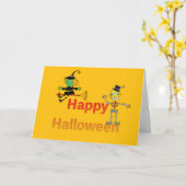 かわいい魔女とスケルトンハロウィンおもしろい カード (黄色い花)