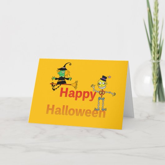 かわいい魔女とスケルトンハロウィンおもしろい カード (正面)