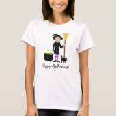 かわいい魔女と彼女の猫とハッピーハロウィンのテキスト Tシャツ (正面)