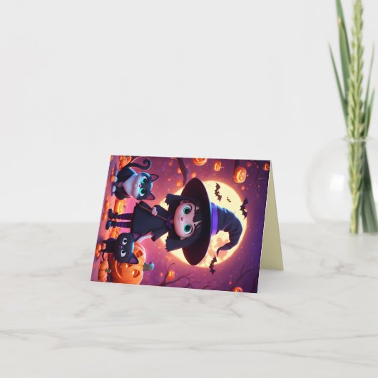 かわいい魔女と猫とカボチャのカスタムグリーティングカード カード (正面)