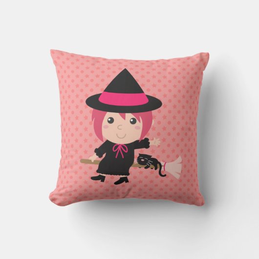 かわいい魔女と黒猫オン箒飛んでいる クッション (正面)