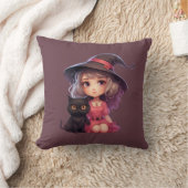 かわいい魔女と黒猫プラムパープルハロウィーン クッション (ブランケット)